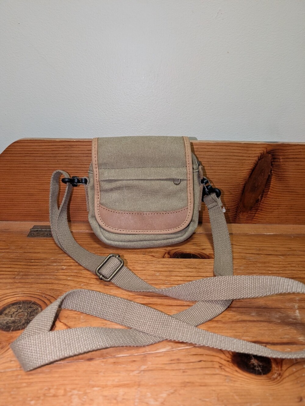 L.L.Bean Mini Canvas Crossbody Bag Leather Trim Tan